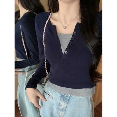 Small Short Fake Two Long-sleeved T-shirt Women's Autumn Slim-fit Design Sense Niche Bottoming Shirt Top Tide