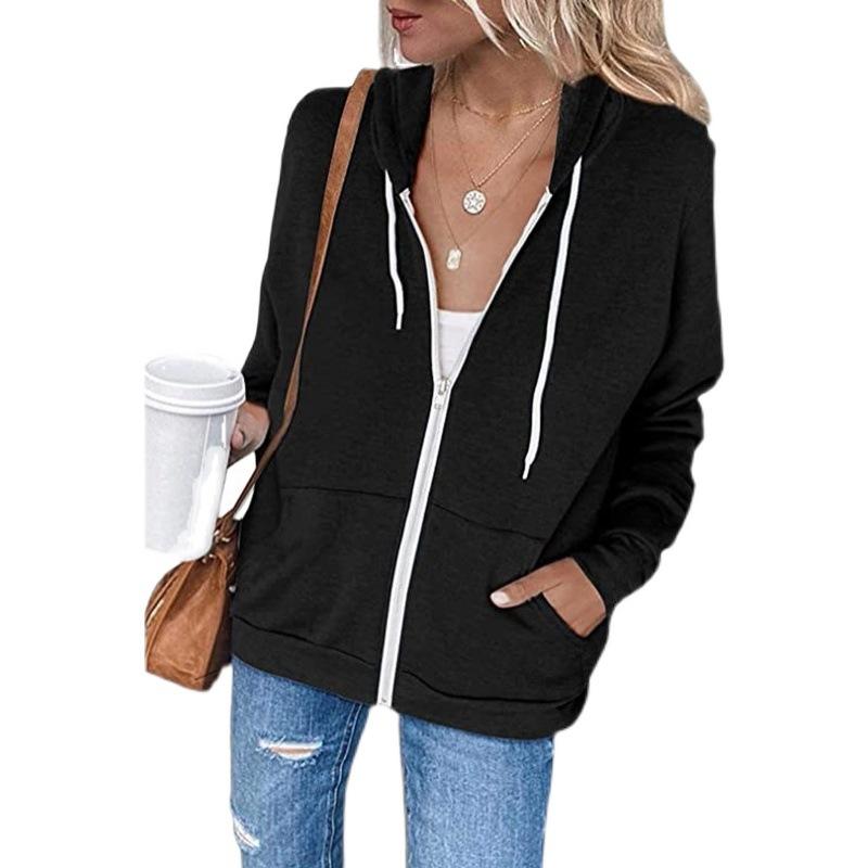 Women's Solid Color Long Sleeved Pocket Drawstring Hooded Zipper Thick Hoodie Autumn