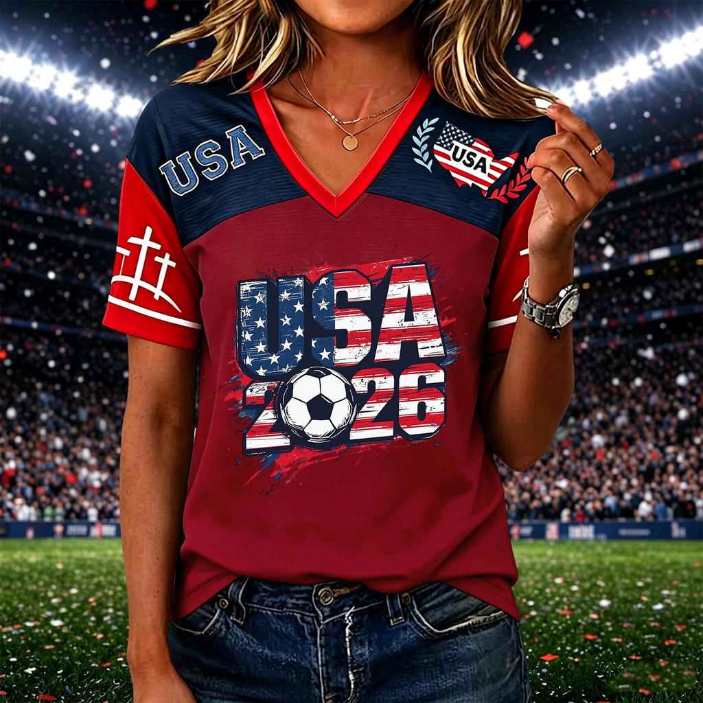 Women’s Casual Short Sleeve V Neck Pullover Top with USA 2026 Soccer Graphic Print Comfortable Loose Fit T Shirt for Daily Wear
