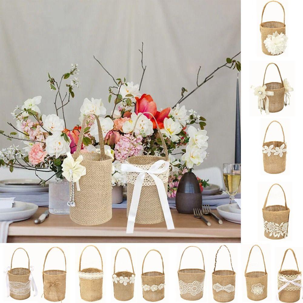 

Винтажная свадебная сумка для хранения из мешковины, переносные свадебные корзины для хранения, косметическая корзина из мешковины для цветов E