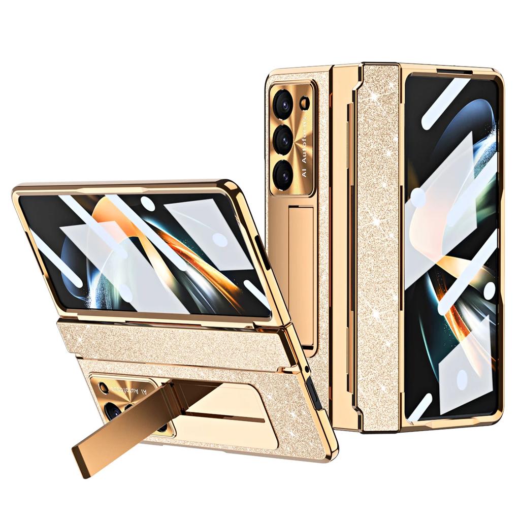 With S Pen Holder For Samsung Galaxy Z Fold 5 4 3 Case Hinge Glitter Bling Plating Leather Luxury Keyboard Full Protection Cover