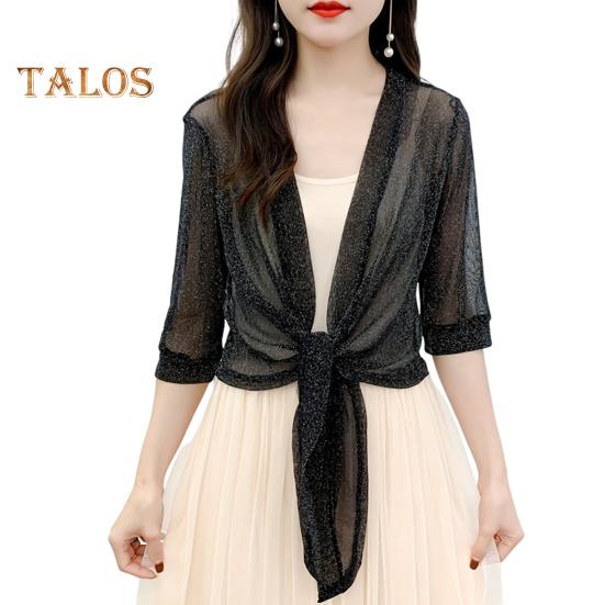Damen Schalmantel mit V-Ausschnitt, 3/4-Ärmel, zum Schnüren, dünner Mantel, einfarbig, Riemchendesign, normale Passform, Oberteil für Cocktailpartys
