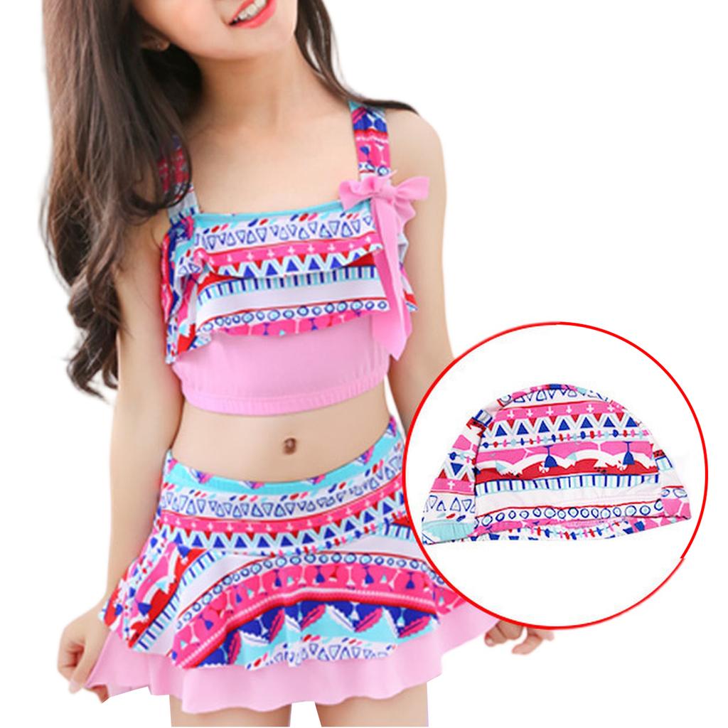 Girls Two Piece Swimsuit Set Tankini Top with Bow Detail Skirted Bottom and Matching Swim Cap for Summer Beach Pool Swimwear