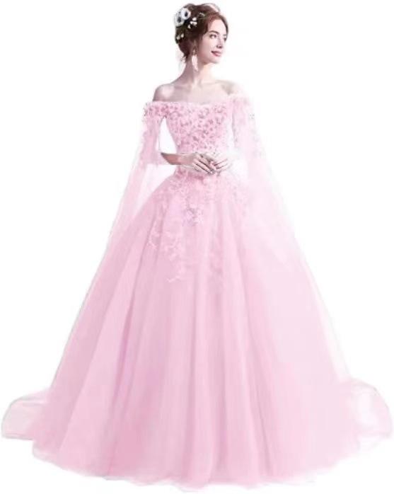 Rose Red Evening Dress with Yarn Long Sleeves 1011 New Bridal Wedding Toast Fairy Evening Dress