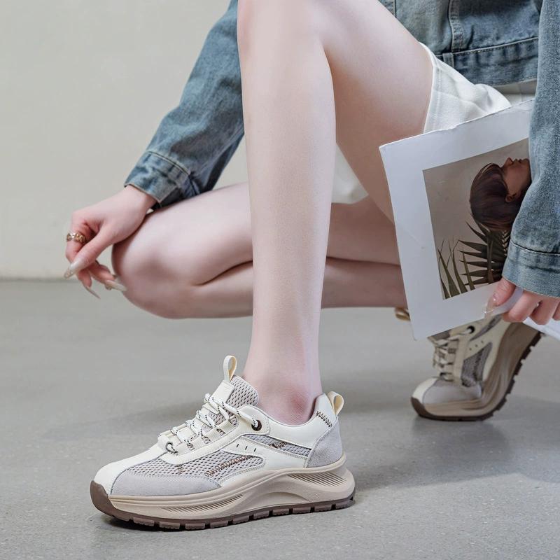 GKTINOO 2025 Spring Platform Sneakers Women Genuine Leather Mesh White Shoes Round Toe Lace-Up Thick Sole Flats Ladies Shoes