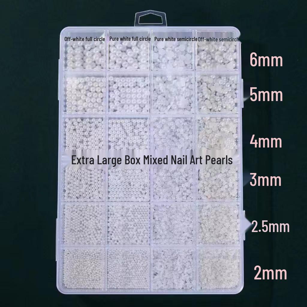 

24-Grid Nail Art Pearl Rhinestones: Half & Full Round Off White and Pure White Mix