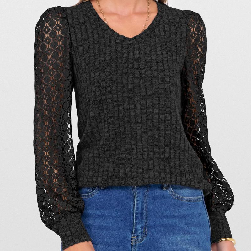 Women's Splicing Casual Versatile Solid Color V-Neck Lace Top Long Sleeve Bottom T Shirt