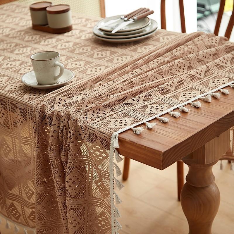 Handcrafted Bohemian Polyester Lace Tablecloth - Hollow Beige Embroidered Wave Triangle Design, Elegant Rectangle Table Cover for Wedding, Party, Home