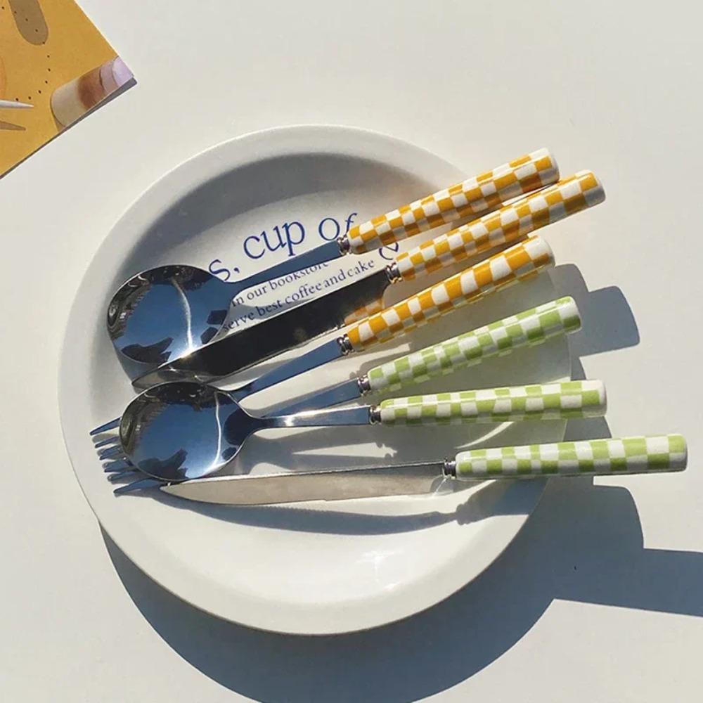

Stainless Steel Knife Fork Spoon with Checkerboard Ceramic Handle Kitchen Dinnerware Dessert Fork Knife Spoon Tableware Set