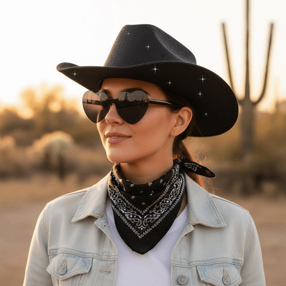 3pcs/Set Bandana Sparkling Powder Denim Hat Wide Brim Heart Sunglasses Western Cowboy Hat 3pcs/Set Solid Color Pink Cowboy Hat