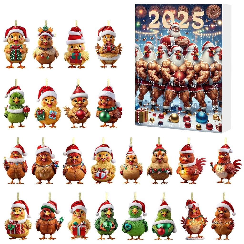 2025 Christmas Countdown Calendar Chicken with Santa Hats 2D Flat 24 Days Christmas Tree Hanging Ornament Xmas Tree Decor Gifts