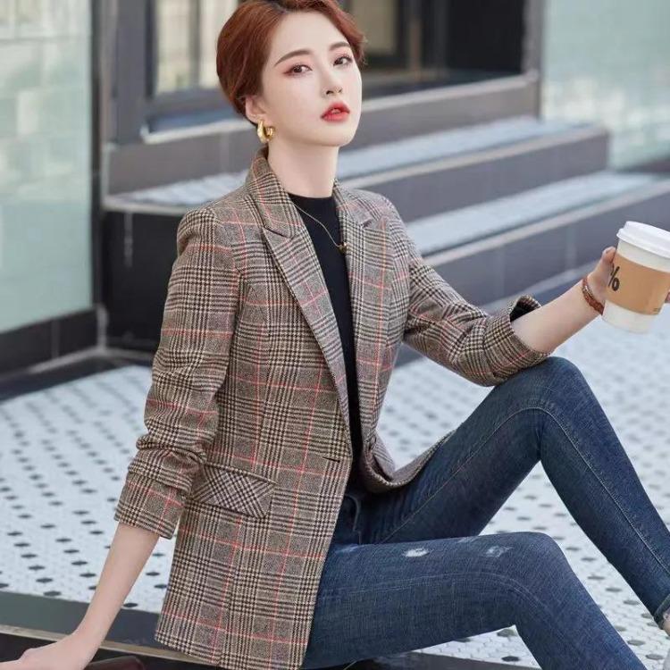 Slim Plaid Blazer Women Casual Spring Fall Jacket