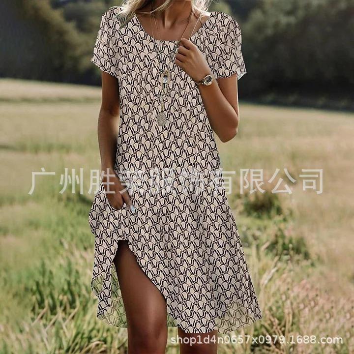 New Spot European and American Women's Clothing Spring and Summer Popular Printing Crew Neck Casual Dress