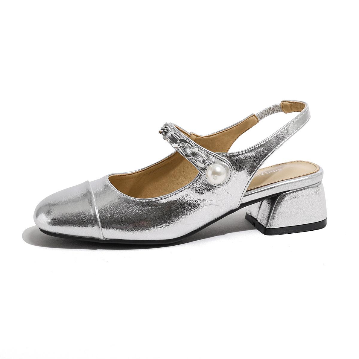 

Кожаные туфли Мэри Джейн женские серебристые на низком каблуке туфли-лодочки 2025 весна с открытым верхом на толстом каблуке с маленьким элегантным темпераментом туфли-лодочки женские 38