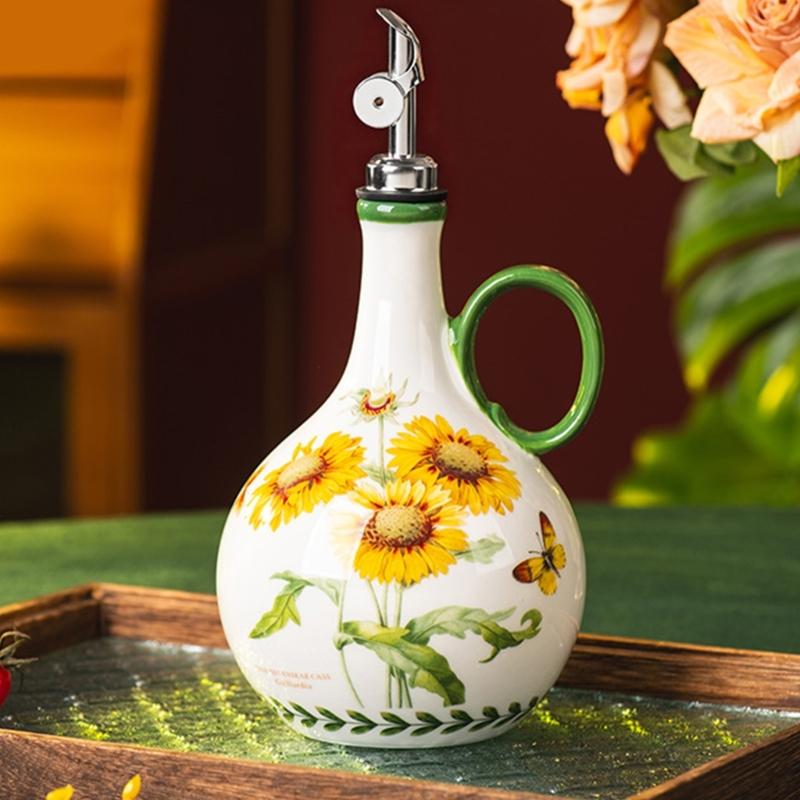 Ceramic Kitchen Oil Bottle with Easy Grip and Metal Pour Lid, Counter Dispenser for Everyday Home Cooking and Display