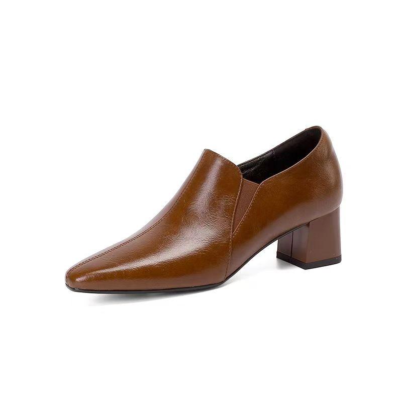 Wygodne Czarne Miękkie Skórzane 5,5 cm Wysokie Obcasy Szpiczasty Nosek Gruby Obcas Damskie Buty Wszechstronne Głęboko Wykrojone Czółenka