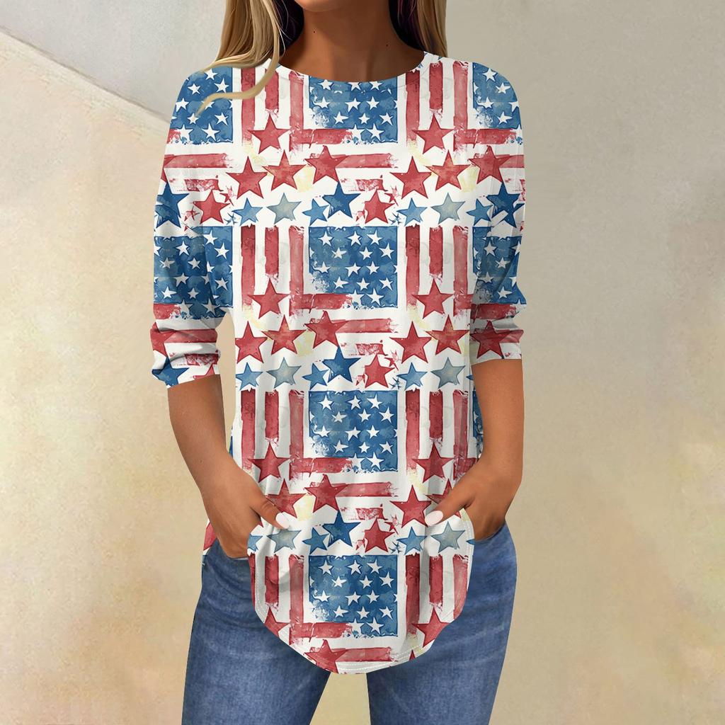 3/4 Length Sleeve Womens Tops Summer T-Shirts Print O Neck Casual Basic Tee Button Shirts Tunic Tops