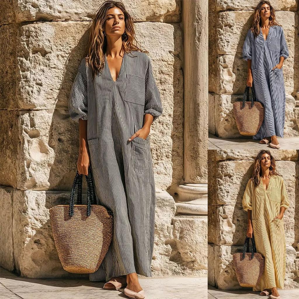 Women's V Neck Puff Three Quarter Sleeve Vertical Stripe Loose Fit Pocket Long Maxi Casual Summer Dress