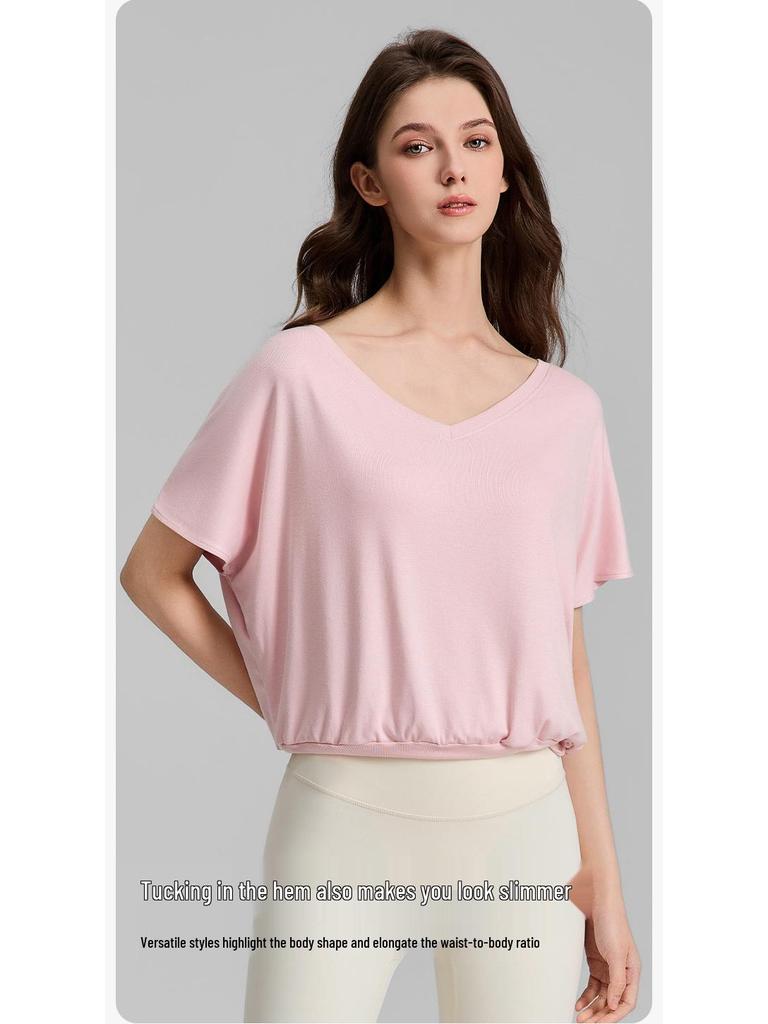 Women's V-neck Batwing Yoga T-shirt: Loose, Short Sleeve, Drawstring, Lazy Style for Spring/Summer 2026.