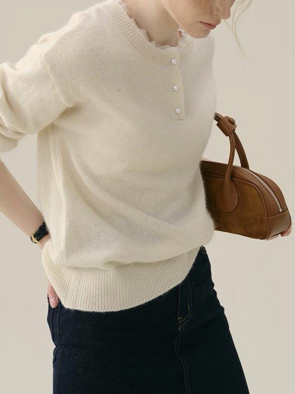 French Style Lace-Trimmed Winter Sweater