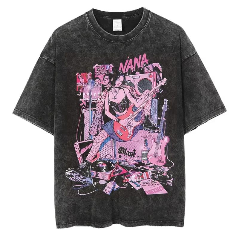 Japanese Anime Nana Osaki Print Vintage Washed Tshirt Harajuku Streetwear Graphic TShirt Summer Short Sleeve Cotton Tshirt M