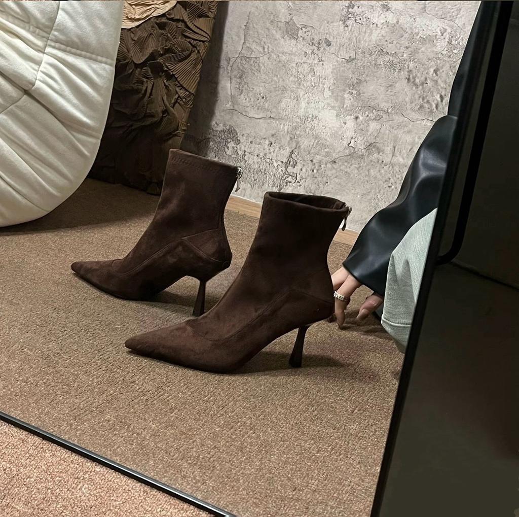 French Temperament Pointed High-heeled Short Boots Women's Thin Boots Autumn and Winter Suede Thin-heeled Back Zipper Fashion Boots