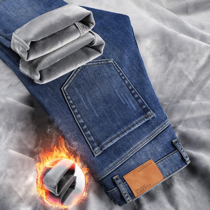 Spring And Autumn Winter New Men'S Plush/Regular Jeans Slimming Straight Stretch Business Versatile Long Pants