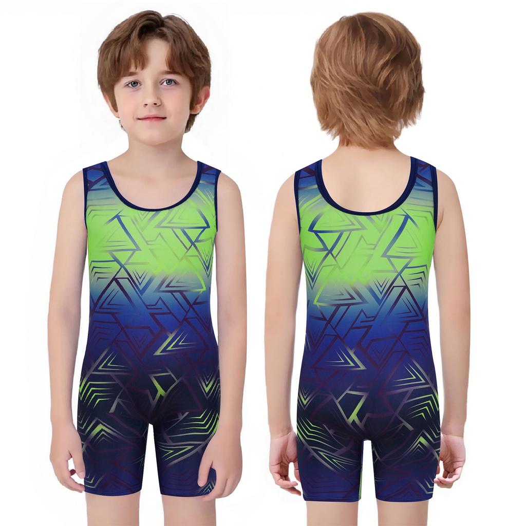 Boys Cycling Workout Bodysuit: U Neck Sleeveless Geometric Print Singlet for Wrestling Exercise Training