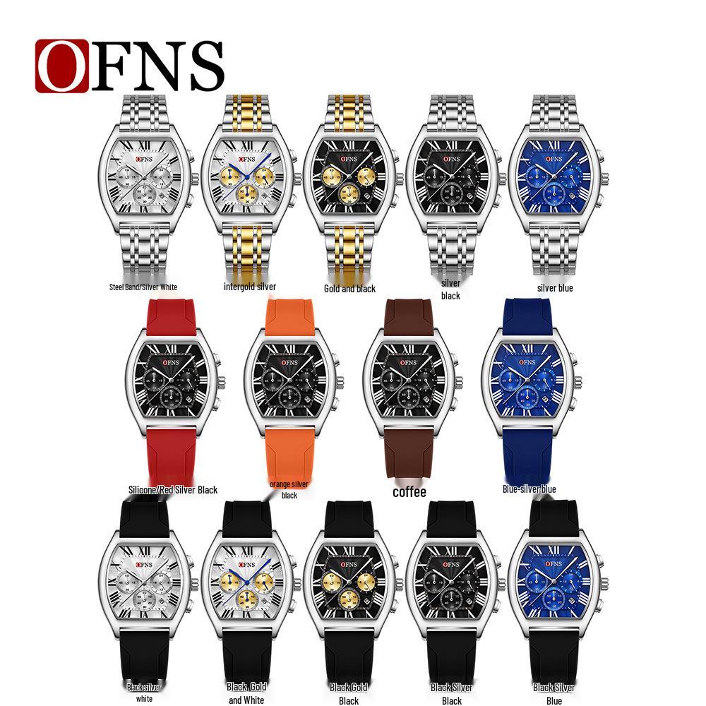 OFNS Men's Barrel-Shaped Waterproof Quartz Watch - Multifunctional Calendar with Three-Eye, Six-Hand Design, Casual Style.