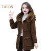 Winter Women Cotton Jacket with Furry Hood with Double Pockets Drawstring Waist Mid Length Zipper Closure Coat Solid Color Windproof Outwear Parka