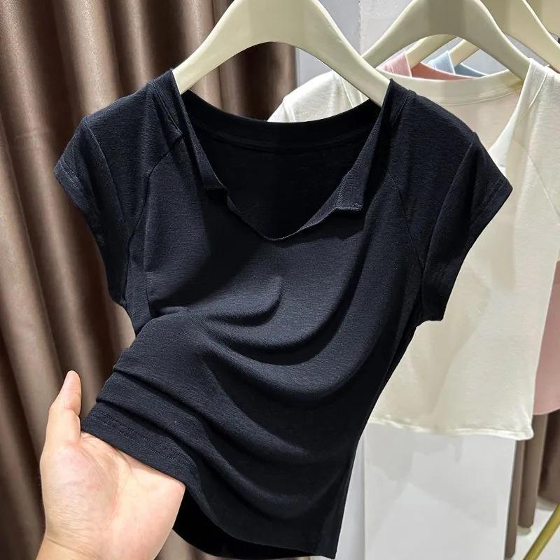 Women Summer Light Blue V Neck Raglan Short Sleeve Ruched Cropped Casual T Shirt