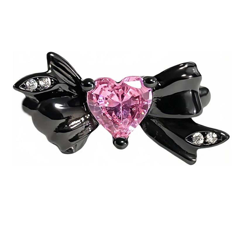 Dark Punk Personality Bow Love Zircon Stacked Open Ring Niche Genderless Style High Sense Ring
