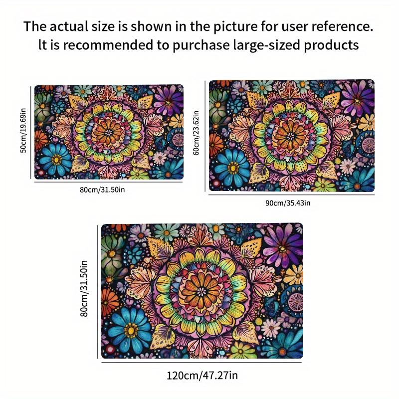 Flannel Thickness 0.47inch - 1pc Multicolor Mandala Door Mat, Black Base with Vibrant Symmetrical Pattern, Absorbent and Non-Sli