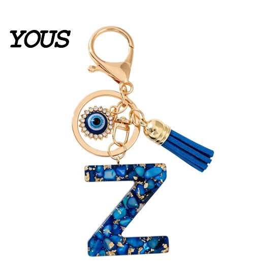 Blue Series Keychain Pendant Pendant, Initial Letter Charm Key Chain with Eyes Portable Organizer Tassel Design, A-Z Holder for Bags Backpacks