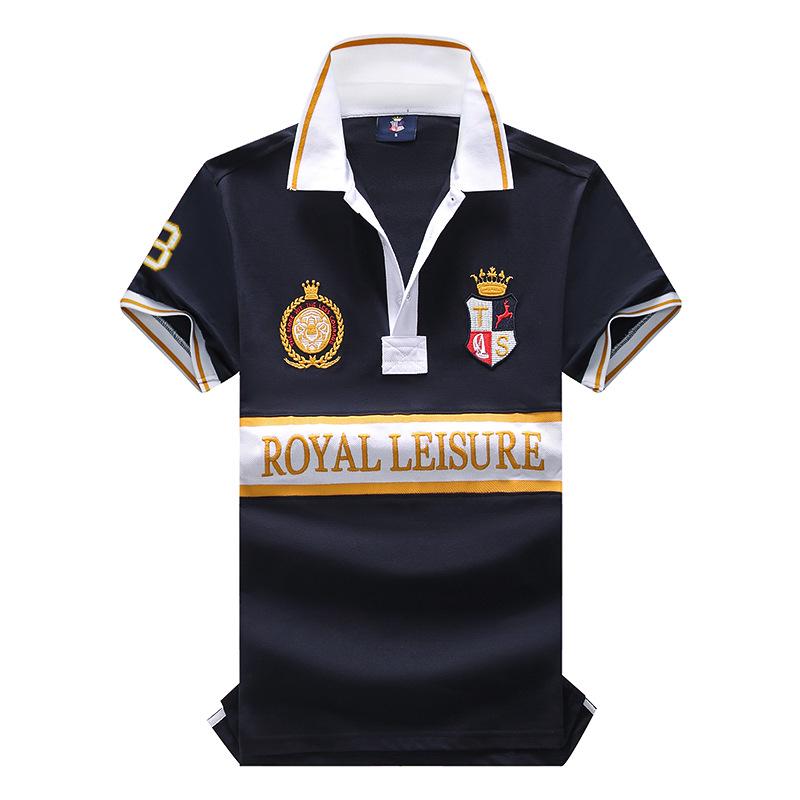 Men's Short-Sleeved Polo - Royal Leisure Sports, Embroidered, Pure Cotton, European Size, Contrast Color Stitching