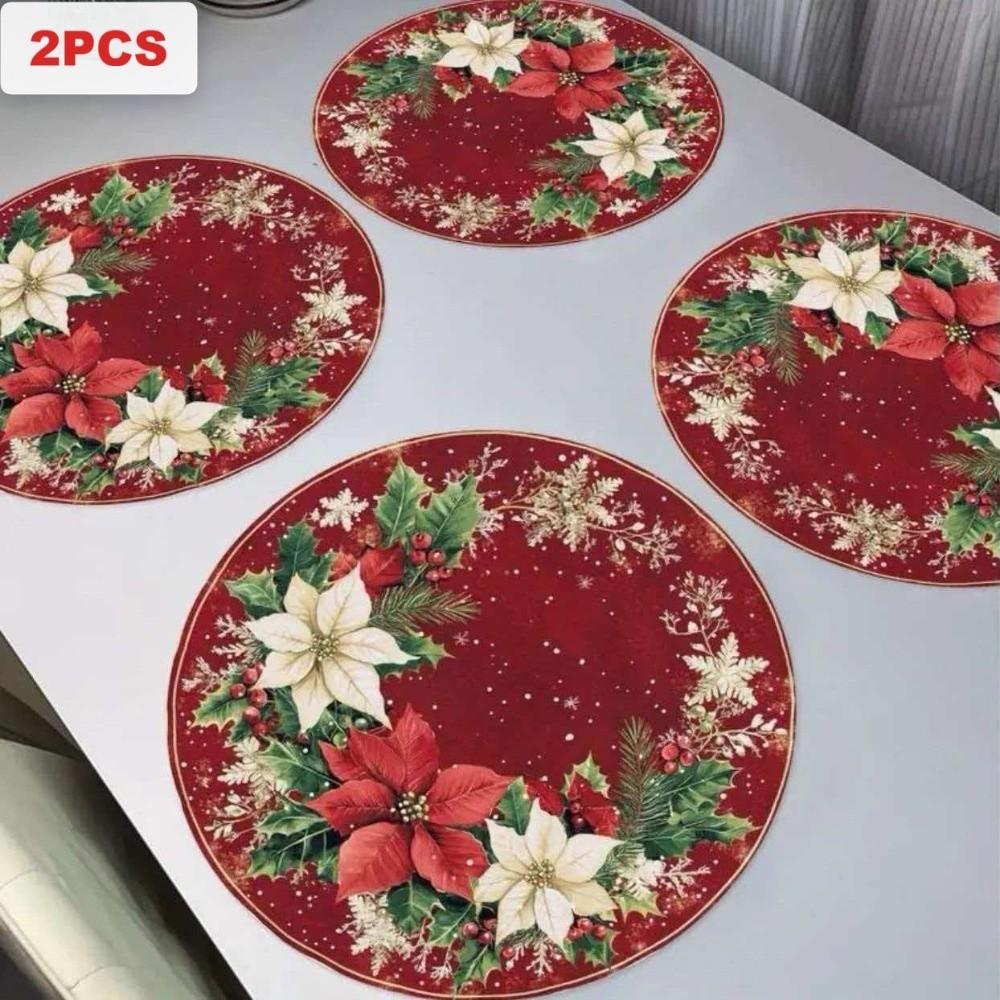 2PCS Anti-Slip Christmas Round Placemat Heat Resistant Christmas Dining Mat  Christmas Decor
