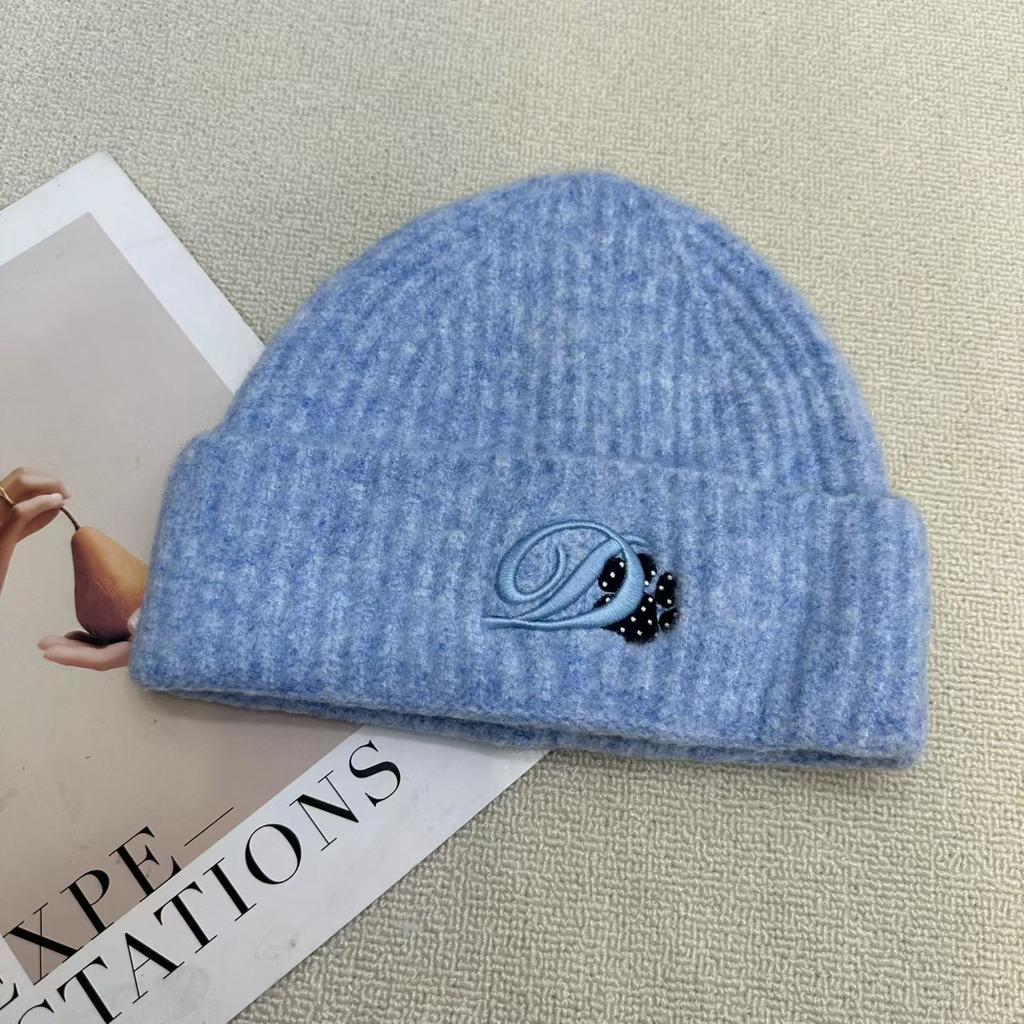 New big head circumference letter embroidered wool hat women's autumn and winter warm and cold-proof knitted hat showing the face small pullover hat