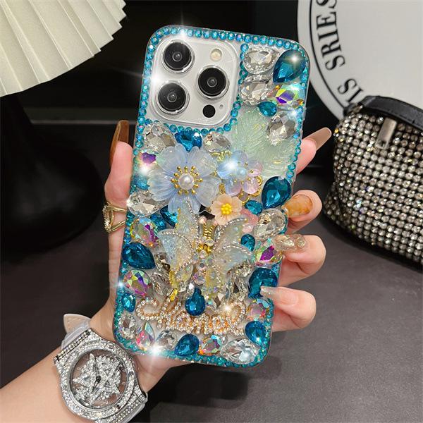 Shaking butterfly is suitable for iPhone17/16Pro max mobile phone case, Apple 15 rhinestone 14 anti-drop protective case. iphone17pro max