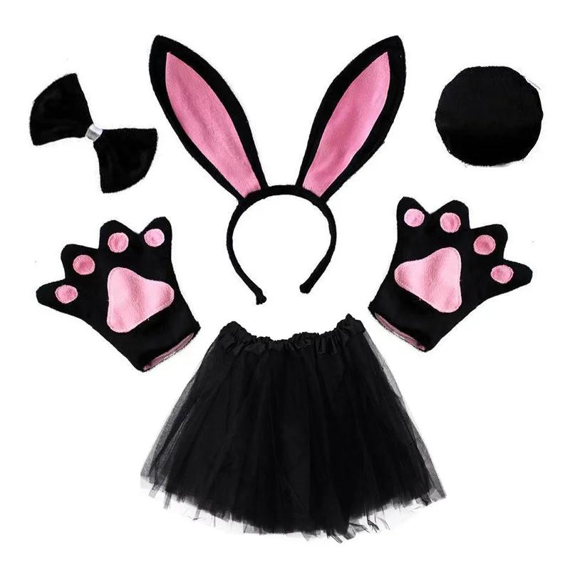 Women Girls Plush Animal Easter Bunny Ear Headband Tail Bow Skirt Birthday Party Baby Shower Halloween Rabbit Cosplay Costume