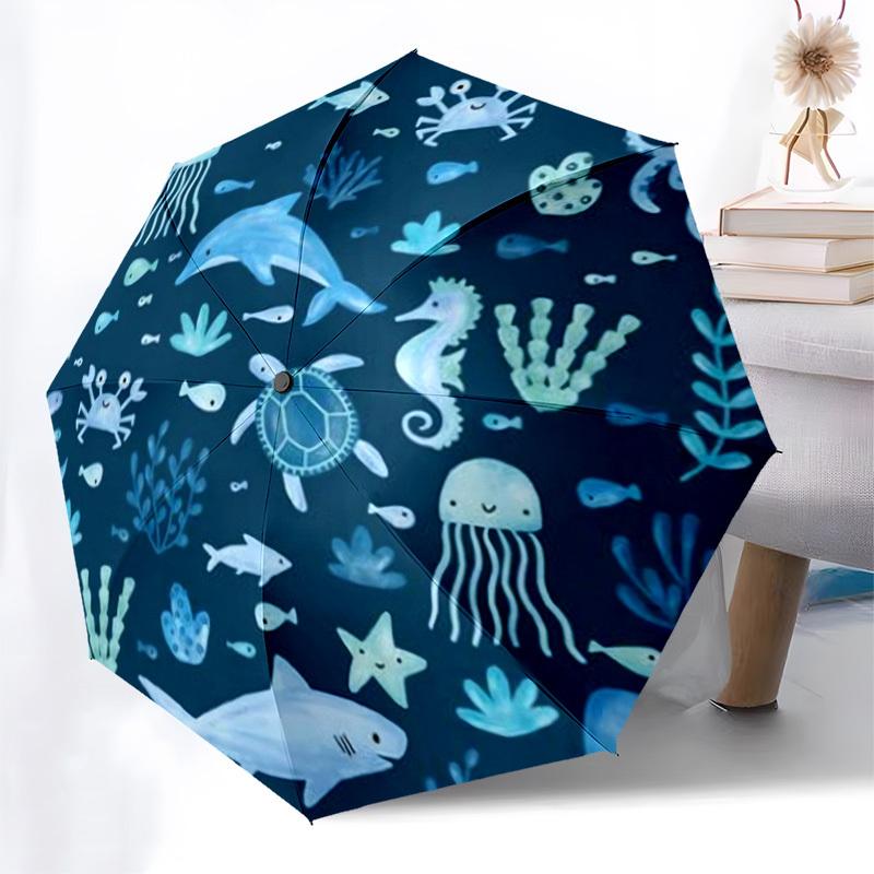 1pc Ocean Life Circular Illustration Umbrella with Plastic Handle,Compact & Stylish,Cartoon Pattern,Outdoor UmbrellaPT333