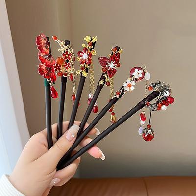 Design Rétro Chinois de Niche Bandeau Serre-tête en Bois pour Dame et Enfants Épingle à Cheveux à Pompons Mode Fait Main Polyvalente Rose Rouge