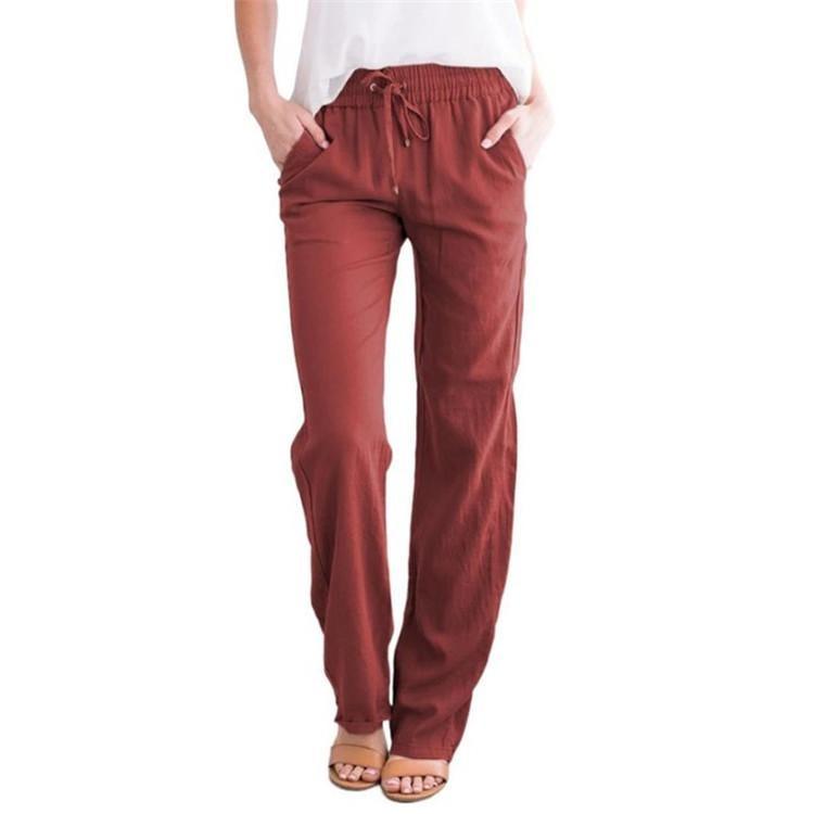 Women Wide Leg Trousers Loose Drawstring Casual Pants Solid Colour Cotton Linen Spring Summer