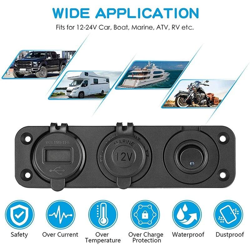 3 In 1 Panel Power Socket QC3.0 USB Type C PD Car Charger Outlet Power Adapter with Voltmeter for Car Boat RV