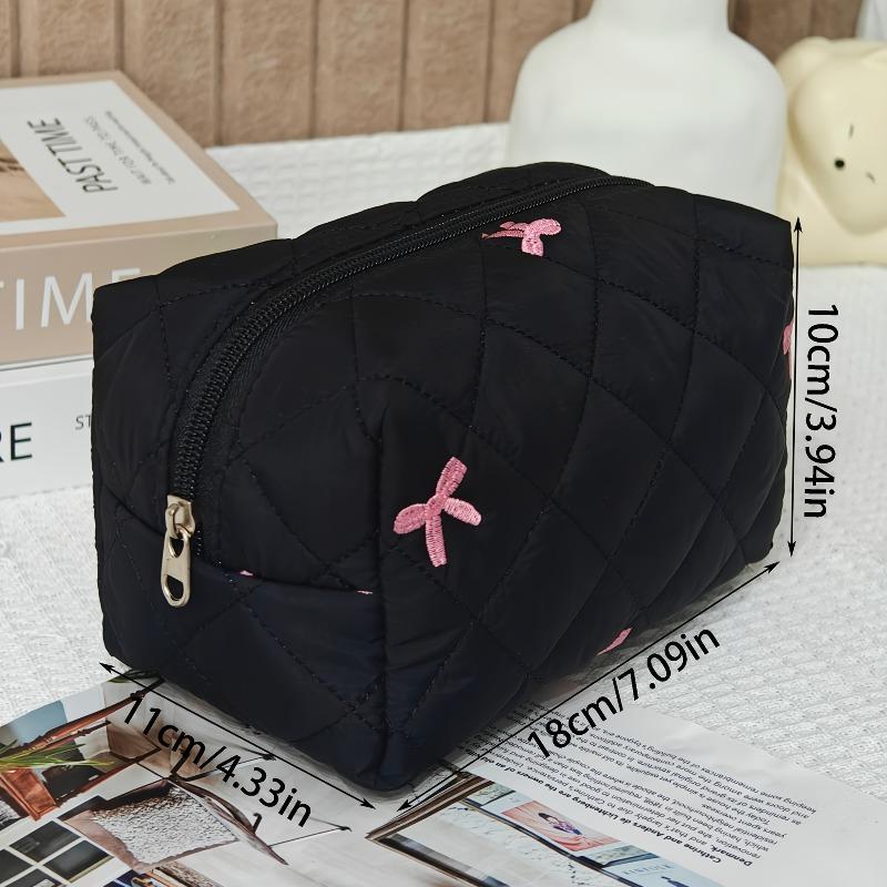 1pc Black Women Portable Makeup Bag Large Capacity Pink Bow Quilting Cosmetic Pouch Handbag Ladies Travel Toiletry Storage Bag