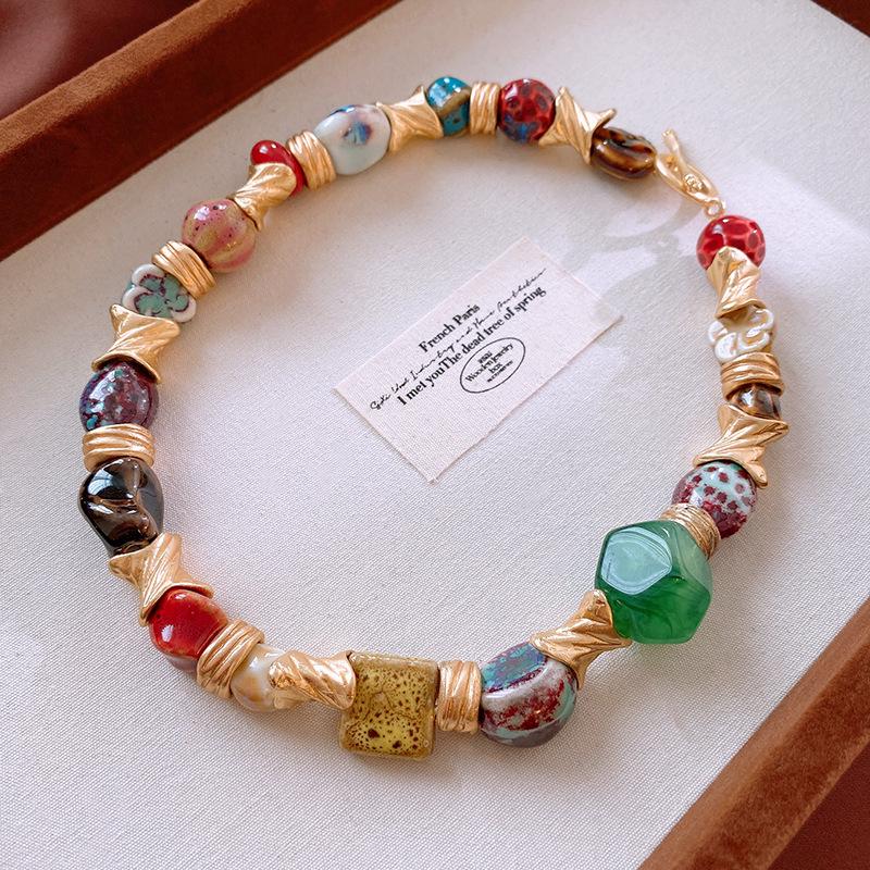 Vintage Geometric Floral Ceramic Necklace - Retro Style Clavicle Chain Jewelry