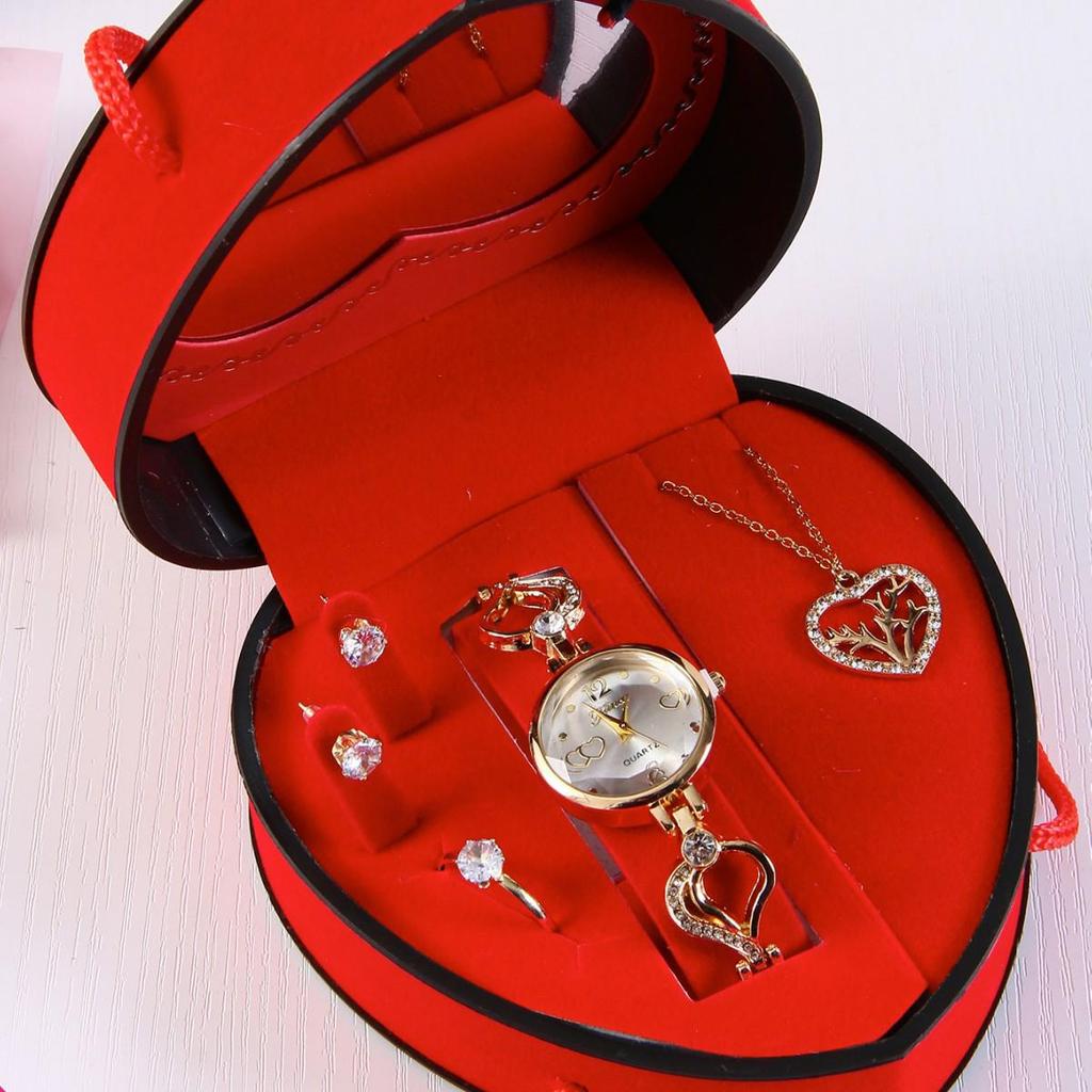 Heart-Shaped Diamond Watch & Necklace Set - Stainless Steel Gift Box for Teacher's Day or Holiday Gift for Girlfriend