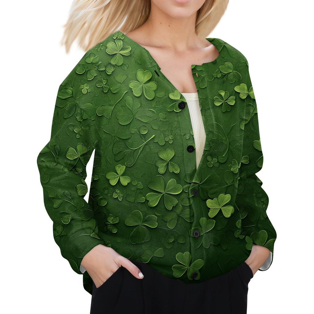 Women's Stylish St. Patrick Print Long Sleeve  Fleece Cardigan Button Jacket