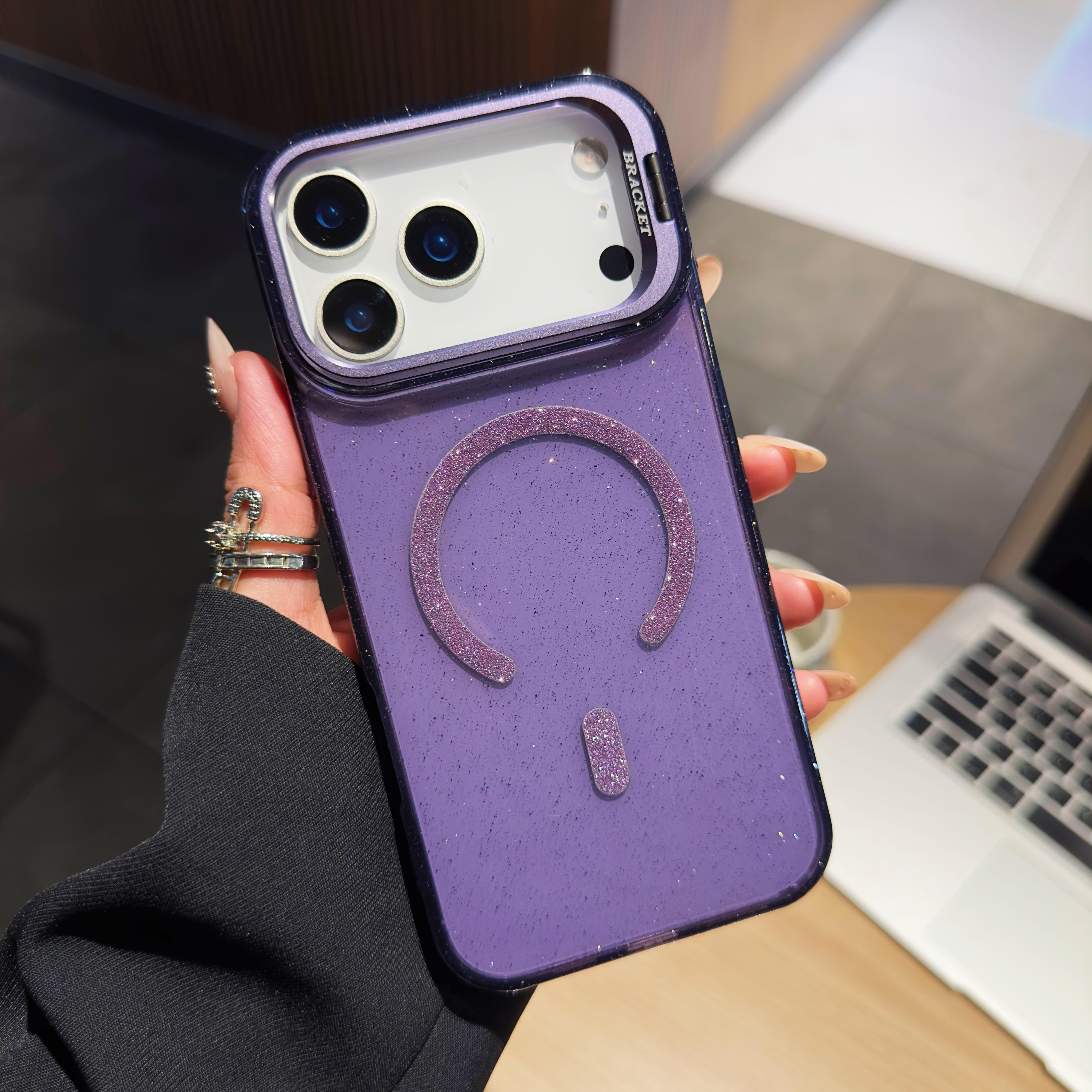 

Bling Glitter Camera Protection Kickstand Clear Case For iPhone 17 16 16E 15 14 13 Pro Max For Magsafe Shockproof Luxury Cover For iPhone 13 темно-фіолетовий колір