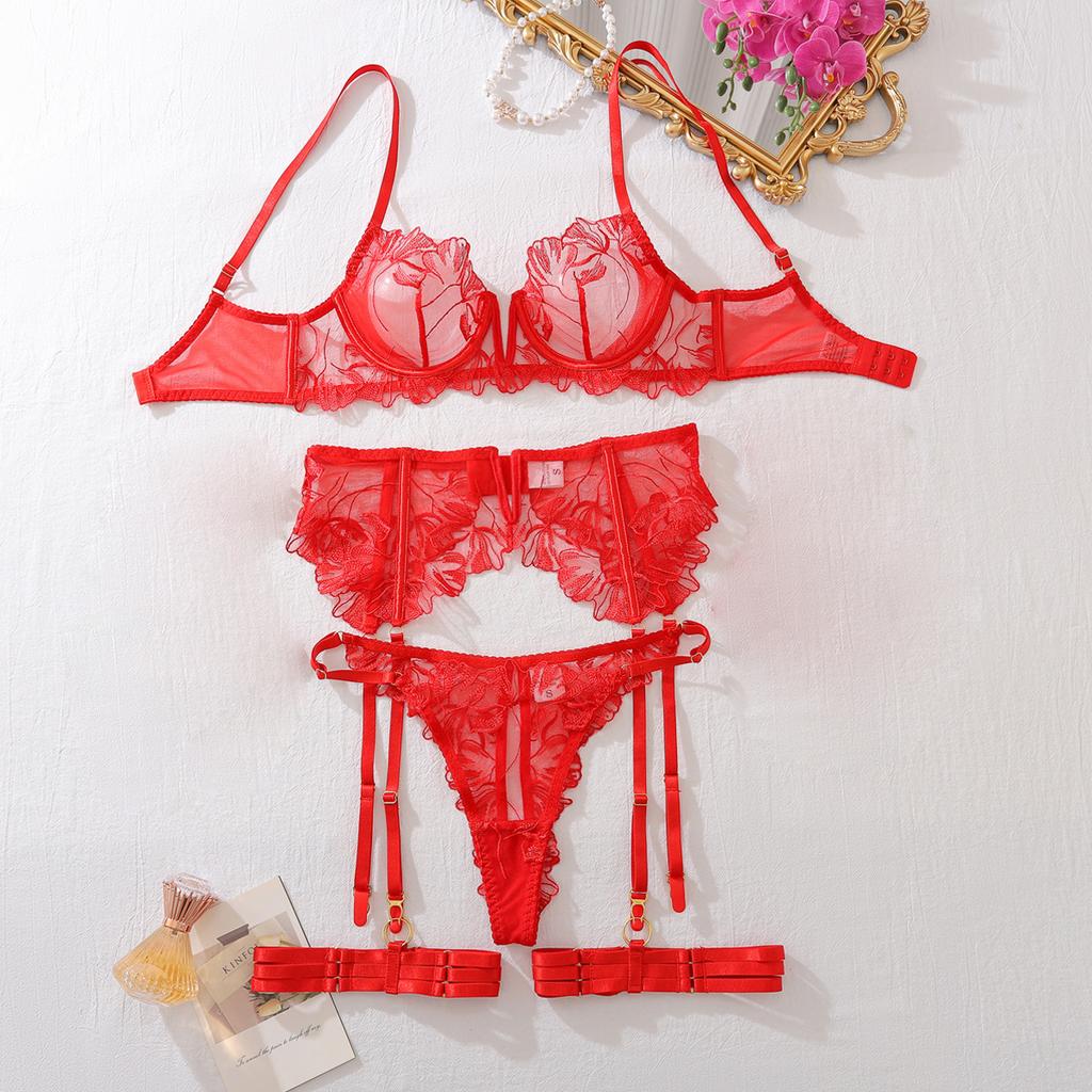 Sexy Lace Exotic Lingerie Sets Women'S 5 Piece See Through Mesh Floral Bra Garter Set With Gloves Exquisite Sensual Underwear