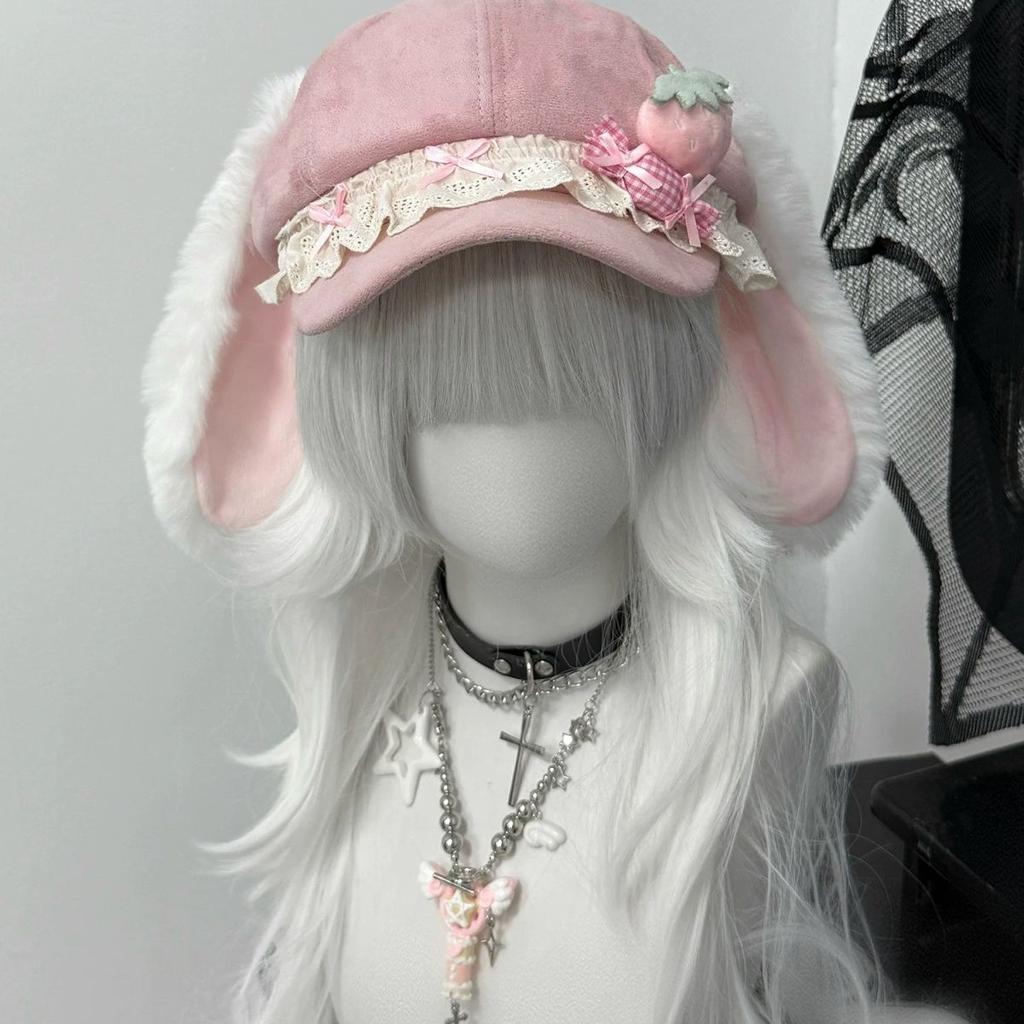 Pink Rabbit Ear Lace Cap Lolita Cute Girl Plush Decorative Baseball Cap